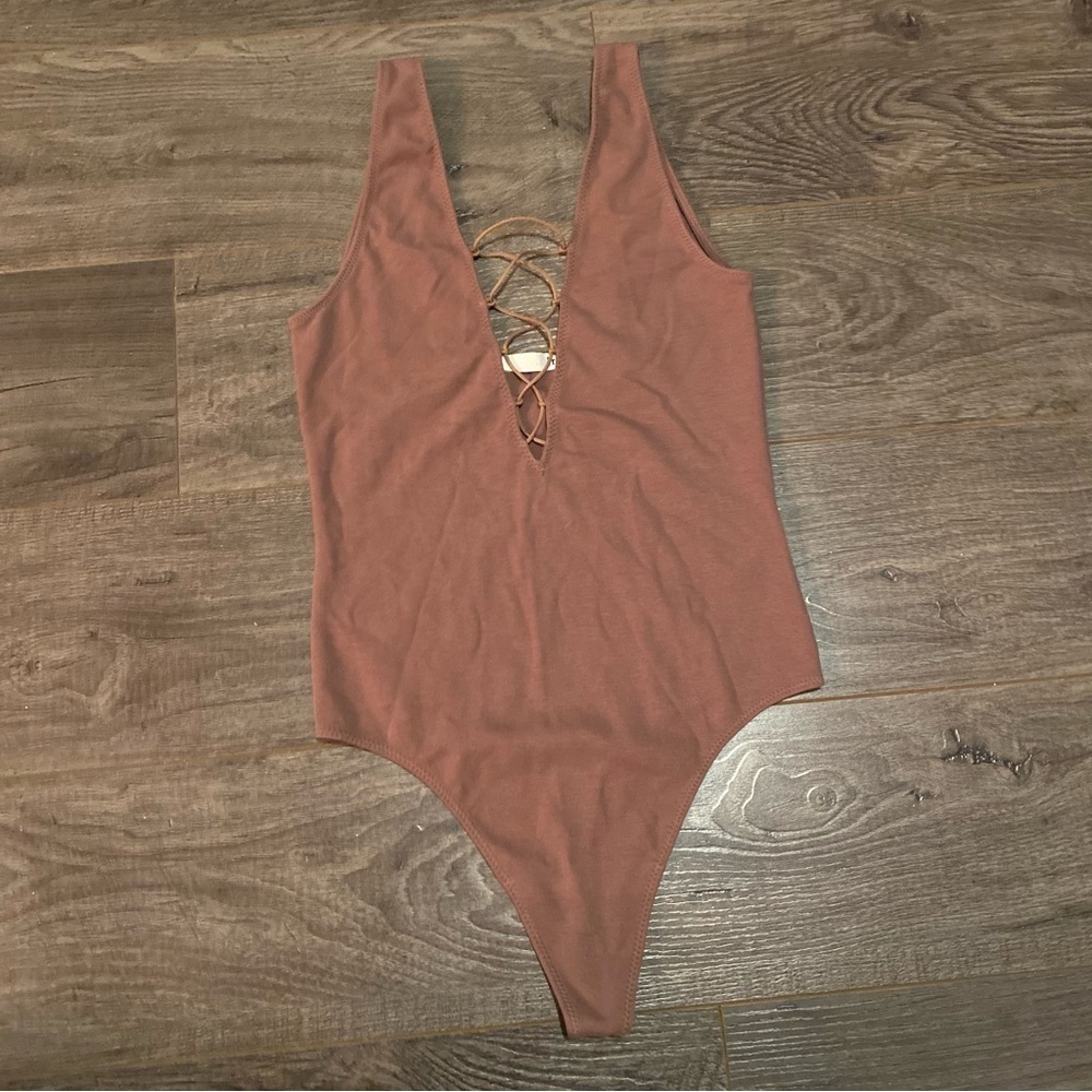 Wilfred Thong Body suit deep plunge‎ criss cross front mauve